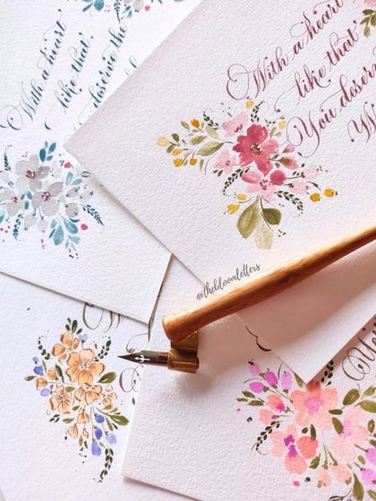 The beauty of Copperplate calligraphy, shown here on the gratitude cards. The contrast between the thick and thin strokes is the hallmark of this timeless script.