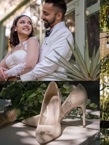 A collage showing details from an elegant wedding. The close-up of the bride's shoes and the romantic couple portrait highlight the beautiful moments of the day.