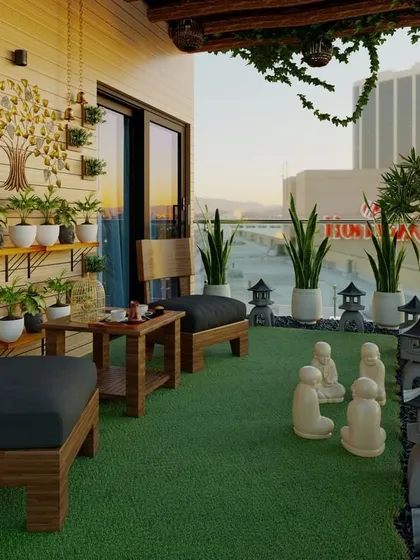 A zen-inspired balcony with low wooden seating, artificial grass, and a wall-mounted 'tree of life' feature. This design creates a serene and comfortable space for relaxation and mindfulness.