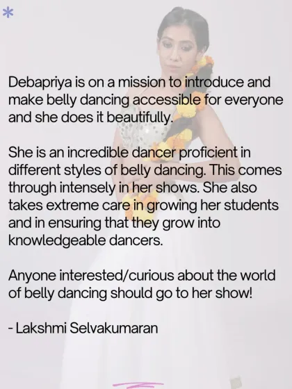 A review from an audience member who notes our founder's mission to make belly dance accessible and her dedication to growing knowledgeable dancers.