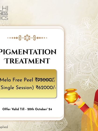 A special Karwa Chauth offer on our Mela Free Peel, a single session treatment for pigmentation, available at a discounted price.