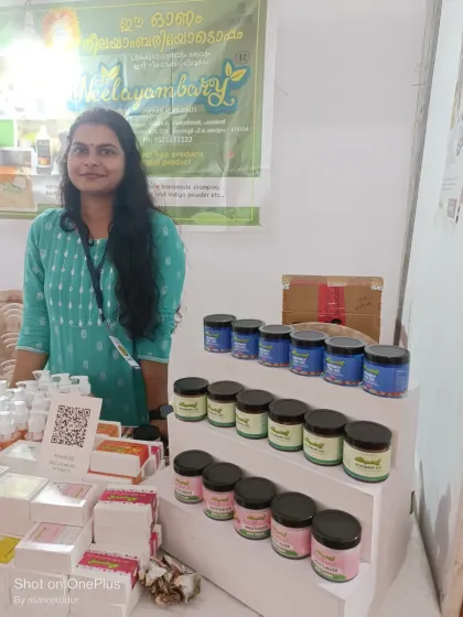 Here I am at a local Onam fair in Malappuram. Being able to meet my customers face-to-face and share my passion for natural hair care is one of the best parts of this journey. I am the owner and the worker, and I love it.