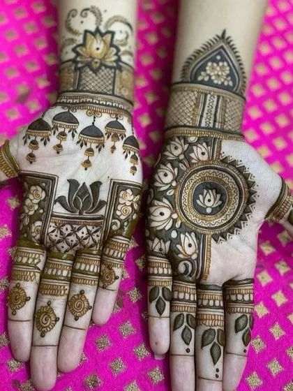 This design shows how to create two different, yet complementary, patterns for each hand, featuring a lotus mandala and hanging jhumka motifs.