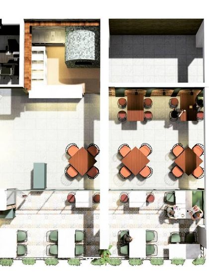 A top-down 2D floor plan render of the pizzeria. This technical view shows the precise seating arrangement, circulation paths, and allocation of space for both front-of-house and back-of-house operations.