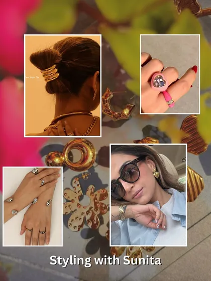 A mood board of chic and minimalist bridal accessories, including stylish hair cuffs, modern rings, and elegant earrings.