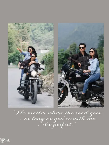A diptych capturing the joy of a road trip, with a couple riding and posing with their Royal Enfield.