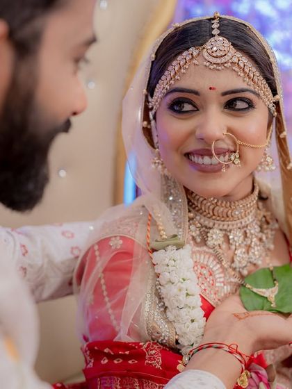 A traditional moment from the ceremony, her kohl-lined eyes and radiant skin look stunning up close.