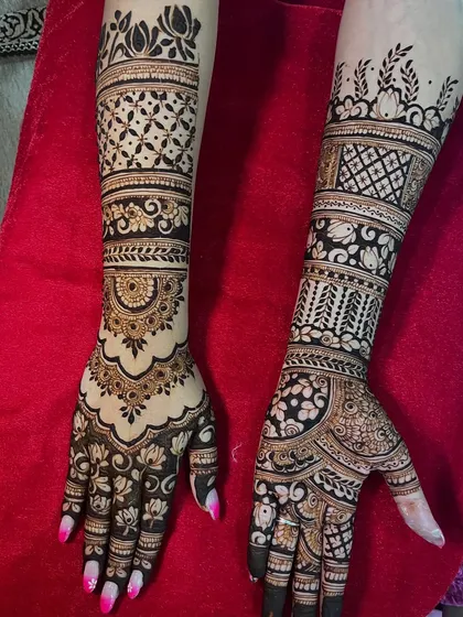A side-by-side comparison of two different but complementary back-hand bridal designs, showcasing my versatility with patterns, from geometric grids to floral mandalas.