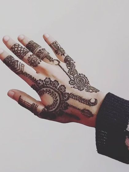 A simple yet beautiful design featuring a half-mandala and delicate finger details. This is a great example of a modern, minimalist take on traditional henna patterns.