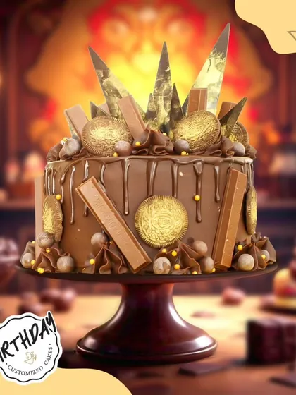 A chocolate cake fit for royalty, decorated with golden coins, KitKats, and rich chocolate shards. This decadent creation is a true treasure for any celebration.