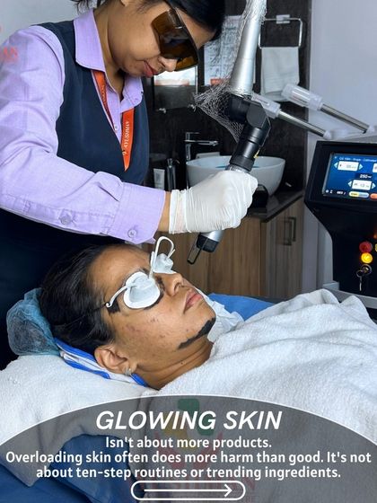 This image of a client undergoing a laser treatment illustrates my philosophy that glowing skin isn't about more products. It's about expert care and the right science-backed treatments.