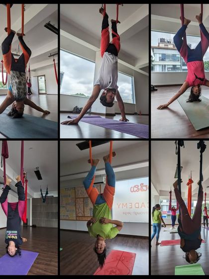 A collage of students in supported headstands, each finding their own expression of the pose.