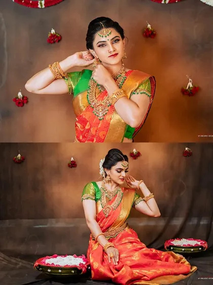 This collage presents two distinct poses from the same shoot. It offers variety, showing both an interactive pose and a more traditional seated portrait, giving a comprehensive view of the bridal look.