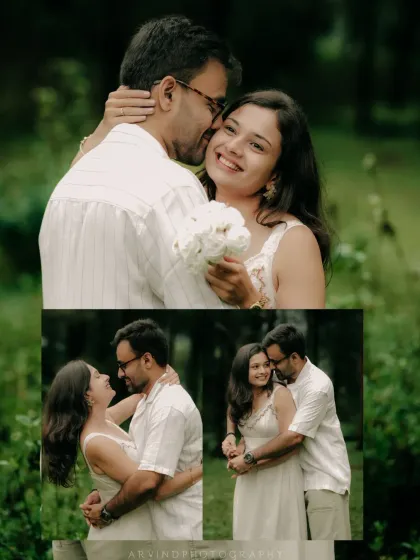 A collage of a couple's romantic moments in a lush, green setting, capturing their intimacy and happiness.