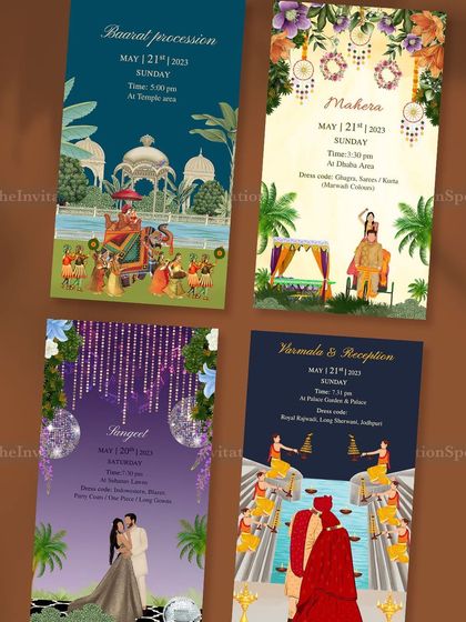 This set of static PDF invites covers all the wedding functions. Each card has a unique, vibrant design, from the Baraat procession and Mayra ceremony to the glamorous Sangeet and traditional Varmala.