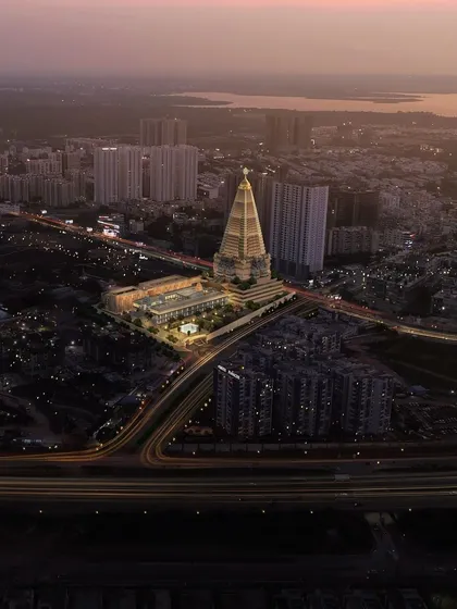 The Hare Krishna Tower in Hyderabad, captured here at dusk, is a project that redefines the city's skyline. Our design for this spiritual and cultural high-rise blends contemporary architecture with traditional purpose, creating an iconic landmark for the community.