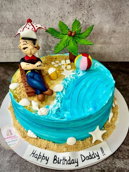 Ahoy! A Popeye the Sailor Man cake, perfect for a dad's birthday. This beach-themed design features Popeye relaxing on a chair, complete with an edible palm tree, waves, and seashells.