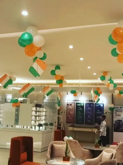 For Independence Day, we filled the office of Birla Navya with patriotic spirit. This wide view shows our use of tricolour balloon bouquets and hanging flag decorations to create a full, immersive, and celebratory environment.