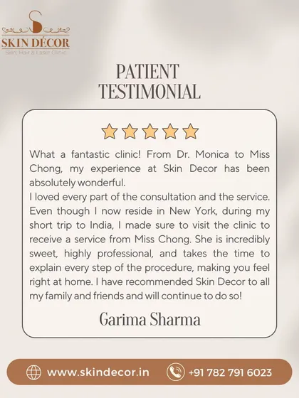 I am so grateful for clients like Garima, who trust us with their skin even when they live miles away in New York. It is my goal to make everyone feel comfortable and well-informed about their treatment, and this feedback means the world to my team and me.