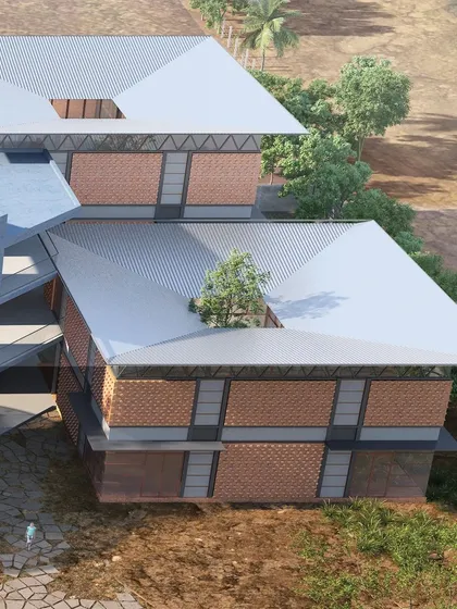 This render shows the unique roof forms of the learning pods, each with a cutout to allow a tree to grow through.