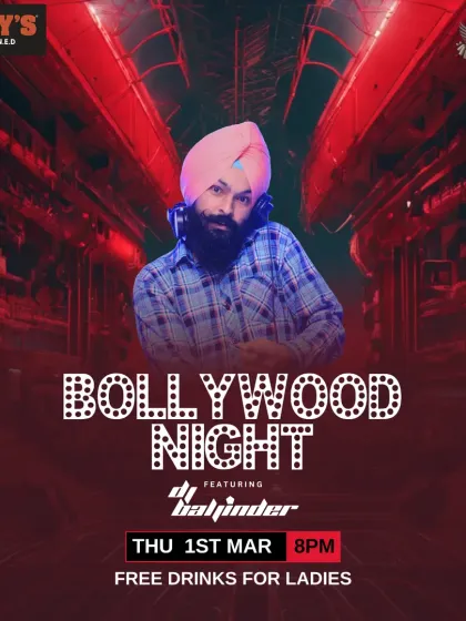 A Bollywood Night poster for Gilly's Redefined in Koramangala, a premier location for themed music nights in Bangalore.