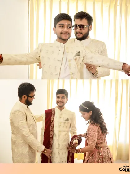 A collage showing the groom getting ready with the help of his family, a special part of the wedding day.