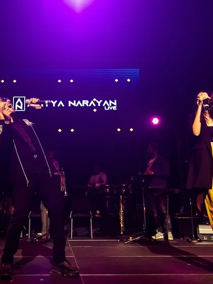 A dynamic duet performance on stage. I can arrange for male and female vocalists for a versatile wedding music band.