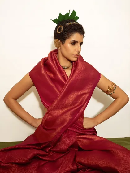 A strong, confident pose that showcases the unique, high-collared drape of the red saree. The composition is clean and direct, emphasizing the modern styling of a traditional garment.