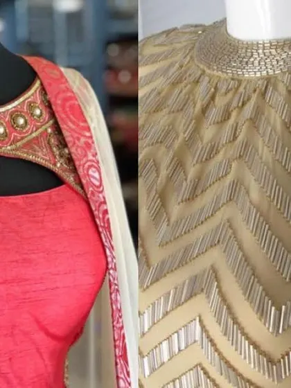 A look at two different blouse styles we offer: one with a chest cutout and heavy embroidery, and another with a high neck and textured beadwork.