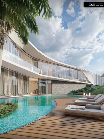 This poolside view of a private residence concept illustrates a lifestyle of ultimate relaxation. The building's fluid form wraps around the turquoise pool and wooden deck, creating a personal resort where every day feels like a vacation.