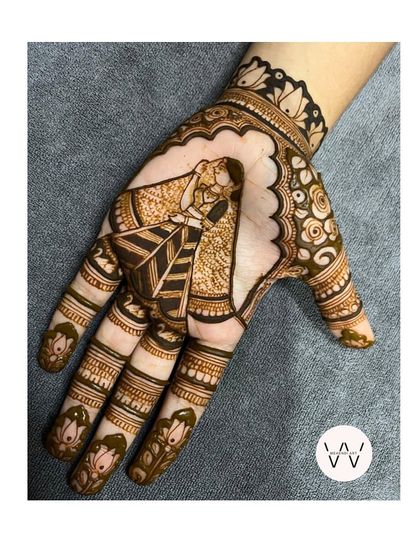 A closer look at the bride-in-doli motif, showcasing the fine lines and shading that bring the scene to life on the hand.