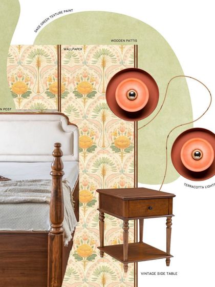 This mood board was our starting point for a traditional bedroom design. It combines key elements like a vintage-style side table, terracotta lights, and floral wallpaper to create a clear visual direction for the space.