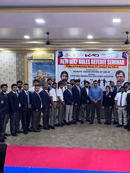 A group photo of all participants at the WKF rules referee seminar in Janak Puri, New Delhi.