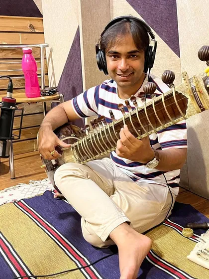 A shot from a recent recording session, set up and ready to play. I ensure my instrument is perfectly tuned and miked to capture the richest possible sound for every recording.