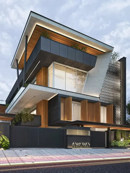 A slightly different angle of the contemporary farmhouse, showing the dynamic layering of forms and materials. The integrated planters on the upper levels add a touch of green to the modern exterior.