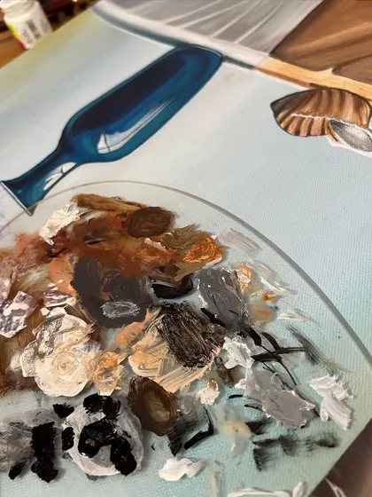 A behind the scenes look at my color palette for the orchid painting. Mixing the right shades of brown, grey, and white is key to creating realistic textures for the wood and cloth.