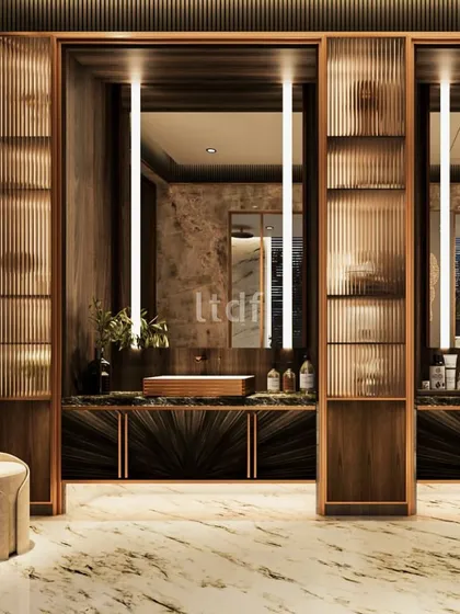 This master bathroom is a harmonious fusion of modernity and timeless elegance. We used rich wooden accents, fluted glass, and a neutral marble palette to create a serene ambiance, evoking a sense of warmth and sophistication for a tranquil experience.