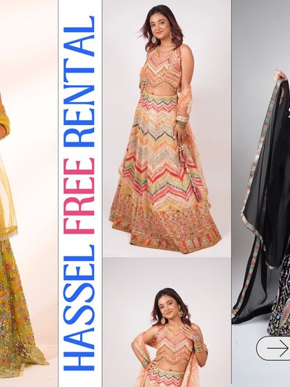 A graphic showcasing some of our most popular lehengas, making your rental experience hassle-free.