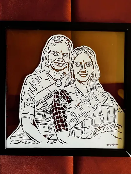 Here is the finished, framed portrait I created for the iconic Carnatic musicians, Ranjani and Gayatri. I love how the clean lines and details look in a simple black floating frame, making the art the complete focus.