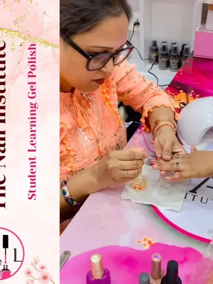 A student practices applying gel polish, carefully painting each nail for a flawless finish.