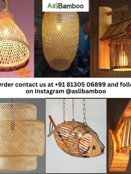 A collage of our most popular bamboo and rattan light fixtures. It includes a variety of styles, such as the fish-shaped pendant, a tiered chandelier, and rustic wall sconces, illustrating the breadth of our lighting offerings.
