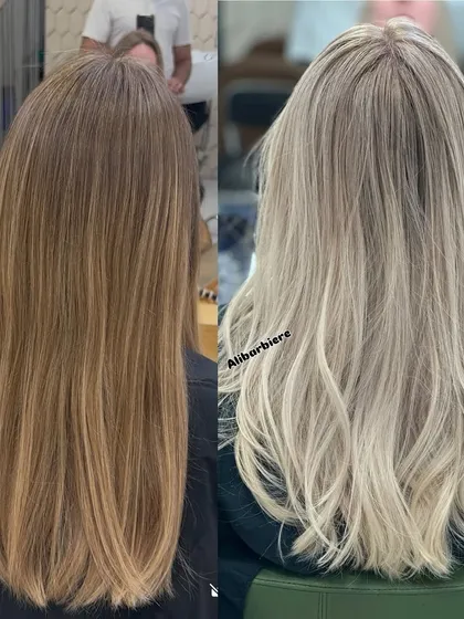 Here’s a perfect example of a journey to a clean, pure blonde. On the left, you see the warm, faded color before. On the right, a healthy, vibrant, and perfectly toned blonde balayage with zero shortcuts.