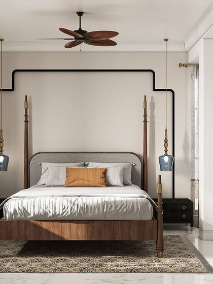 The master bedroom is a personal haven, and this space balances aesthetics with function. The four-poster bed adds a classic touch, while modern pendant lighting and a neutral palette keep the room feeling fresh, serene, and tailored to the client's lifestyle.