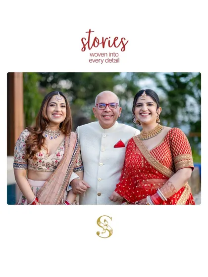 A beautiful family portrait of the bride, her sister, and her father, showcasing the "stories woven into every detail."