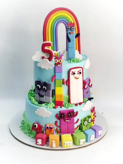 My first-ever Numberblocks theme cake. This two-tier creation features many of the colorful characters, a rainbow, and custom name blocks.