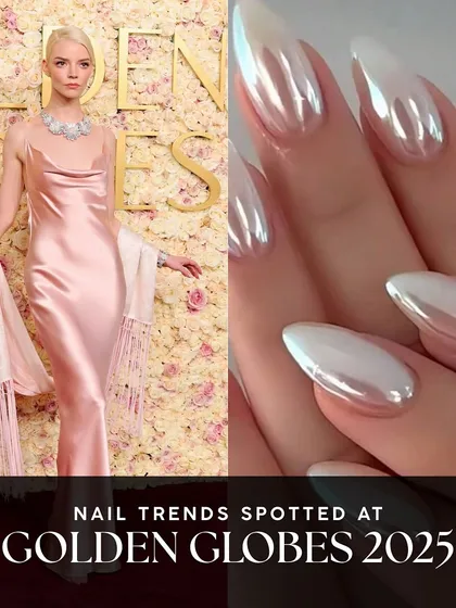 The glazed donut nail trend continues to shine. This pearlescent chrome finish, spotted at the Golden Globes, gives a beautiful, ethereal glow to the nails.