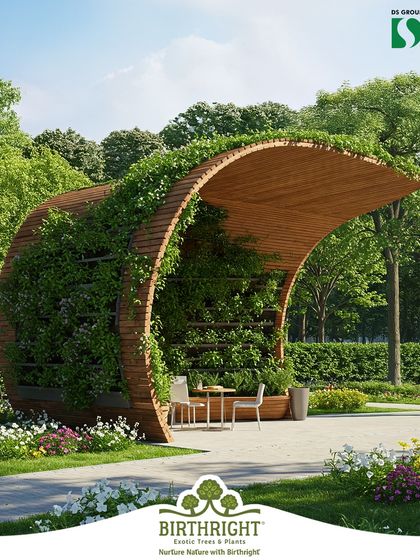 We design sustainable solutions that are both beautiful and practical. This curved wooden structure with an integrated vertical garden provides a shaded seating area, demonstrating how to create cool, green corners in public spaces.