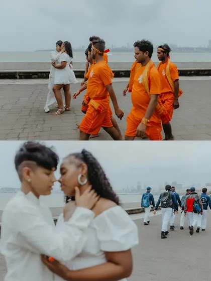A story in two photos: the couple shares an intimate moment on a busy Mumbai promenade, their private world existing amidst the city's vibrant life.