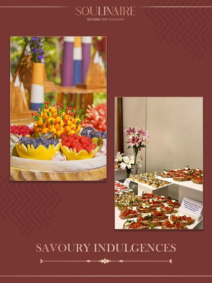 A collage of savoury indulgences, from a vibrant fresh fruit display to a tray of sun-dried tomato bruschetta. Our spring menus celebrate freshness and flavour.