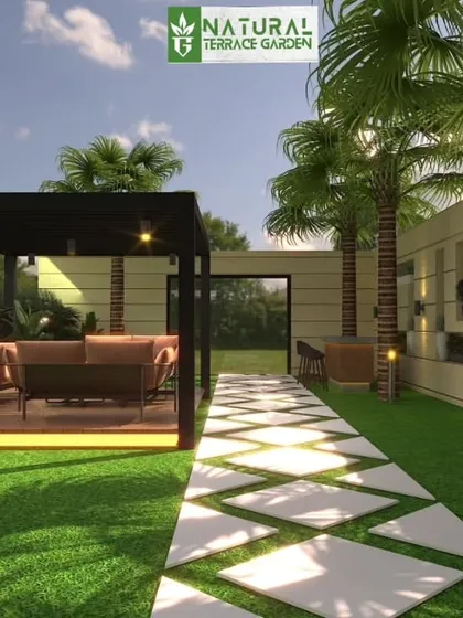 This render shows the proposed pergola in the context of a long garden path leading from a custom bar area.